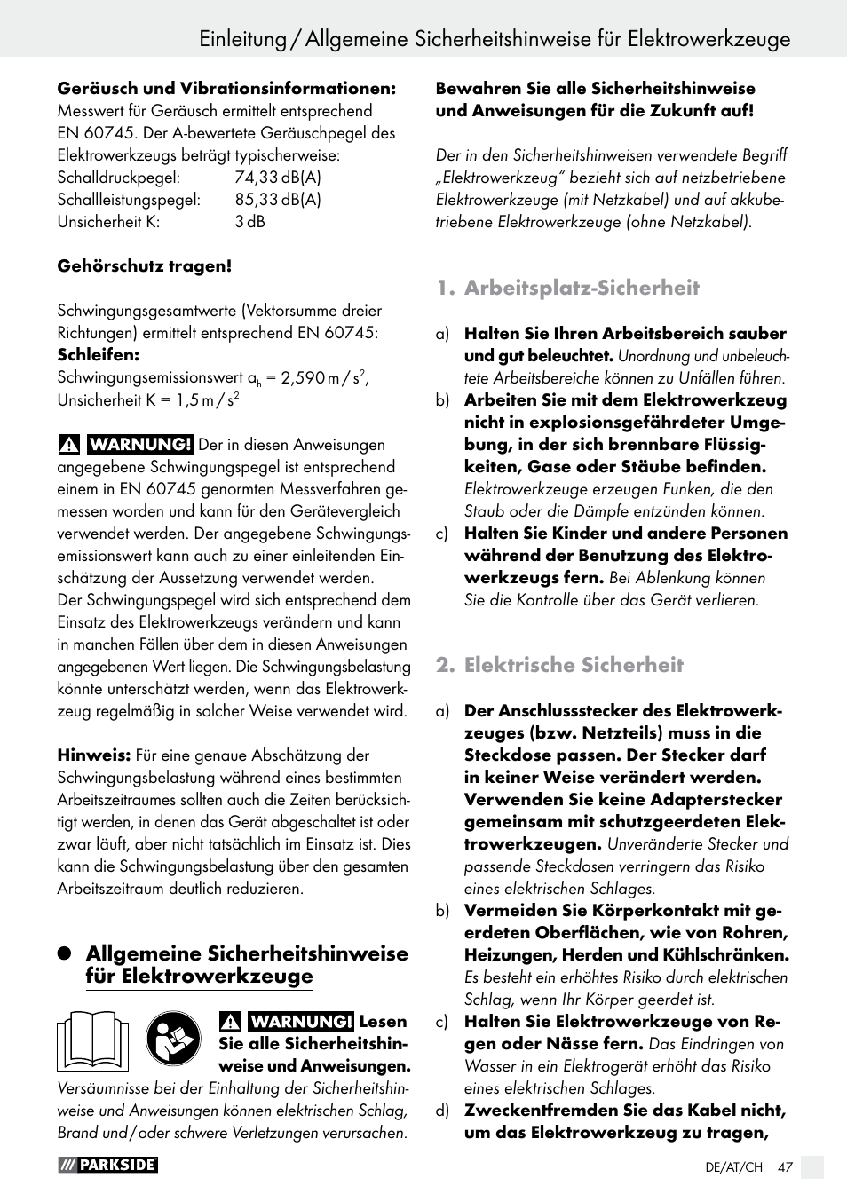 Arbeitsplatz-sicherheit, Elektrische sicherheit | Parkside PAMFW 10.8 A1 User Manual | Page 47 / 55