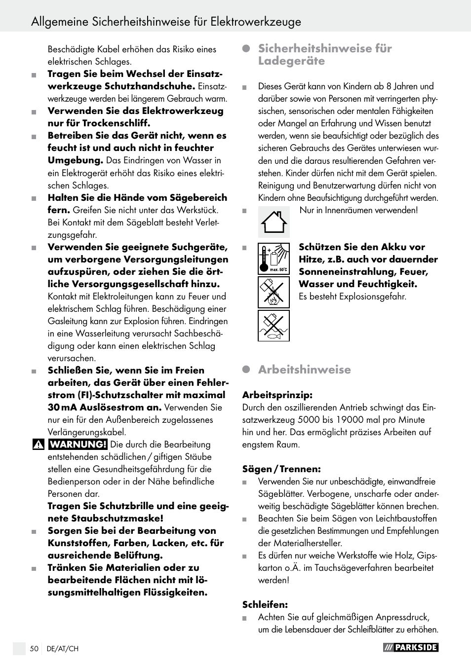 Sicherheitshinweise für ladegeräte, Arbeitshinweise | Parkside PAMFW 10.8 A1 User Manual | Page 50 / 55