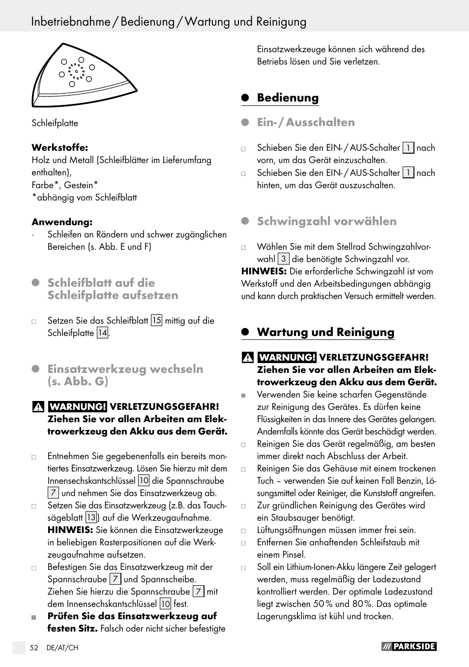 Schleifblatt auf die schleifplatte aufsetzen, Einsatzwerkzeug wechseln (s. abb. g), Bedienung | Ein- / ausschalten, Schwingzahl vorwählen, Wartung und reinigung | Parkside PAMFW 10.8 A1 User Manual | Page 52 / 55