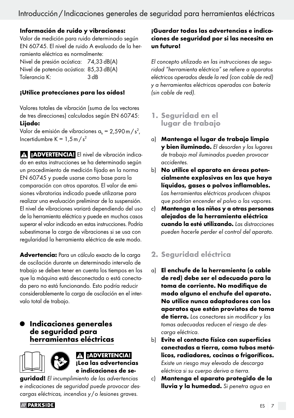 Seguridad en el lugar de trabajo, Seguridad eléctrica | Parkside PAMFW 10.8 A1 User Manual | Page 7 / 55