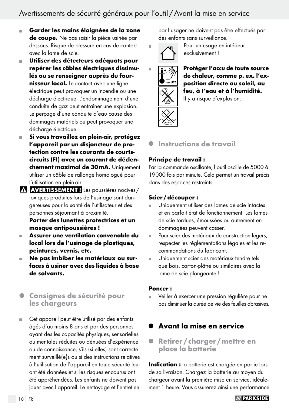 Consignes de sécurité pour les chargeurs, Instructions de travail | Parkside PAMFW 10.8 A1 User Manual | Page 10 / 34