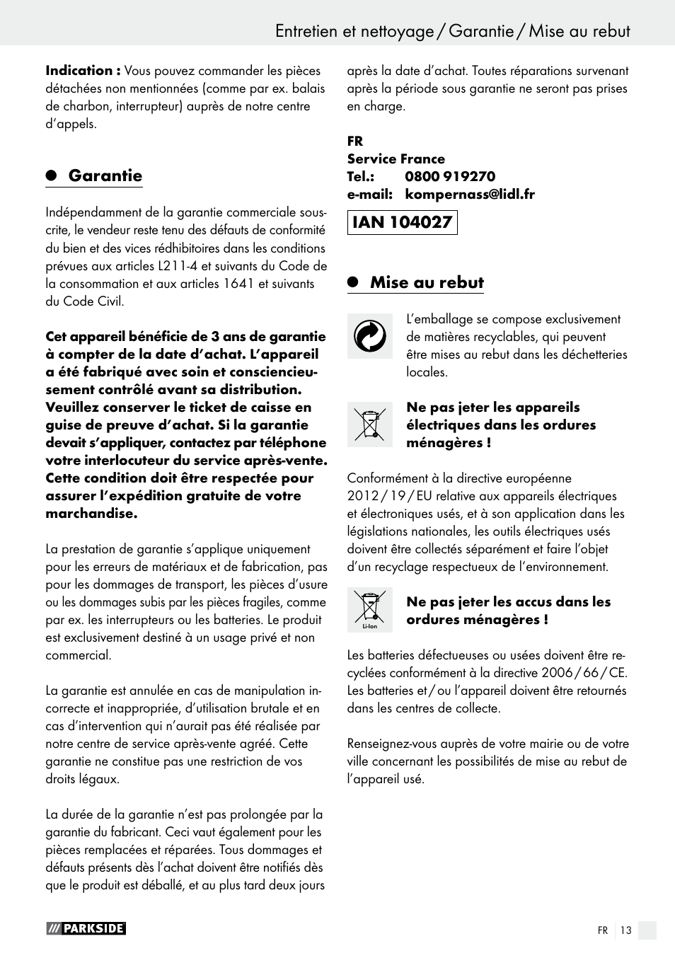 Garantie | Parkside PAMFW 10.8 A1 User Manual | Page 13 / 34