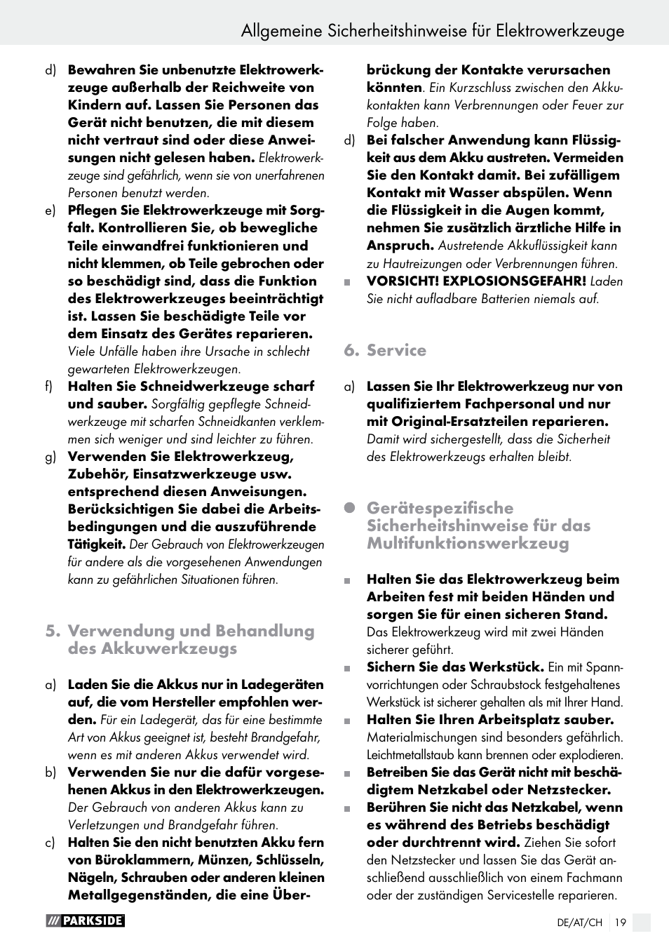 Verwendung und behandlung des akkuwerkzeugs, Service | Parkside PAMFW 10.8 A1 User Manual | Page 19 / 34