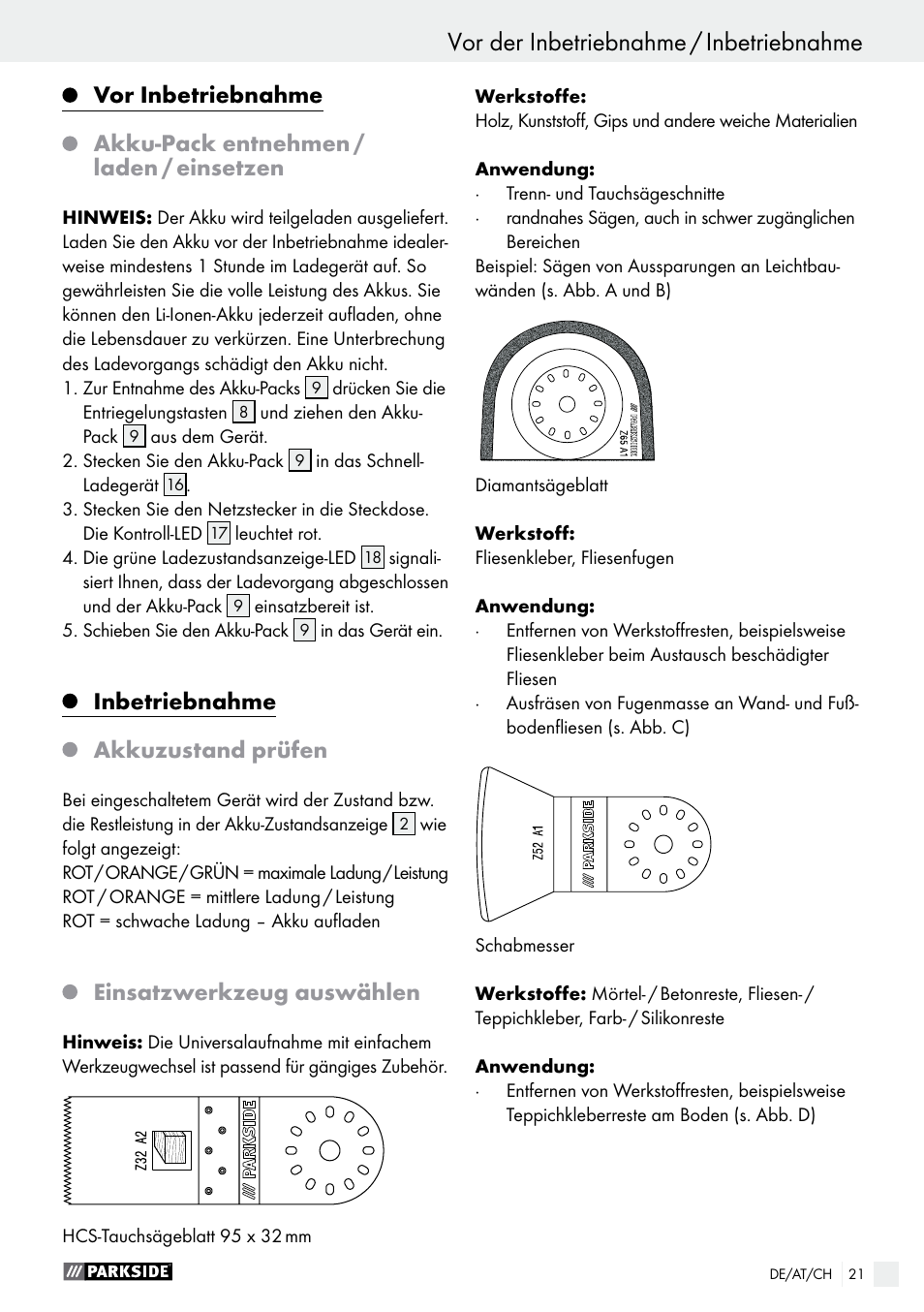 Vor der inbetriebnahme / inbetriebnahme, Inbetriebnahme akkuzustand prüfen, Einsatzwerkzeug auswählen | Parkside PAMFW 10.8 A1 User Manual | Page 21 / 34