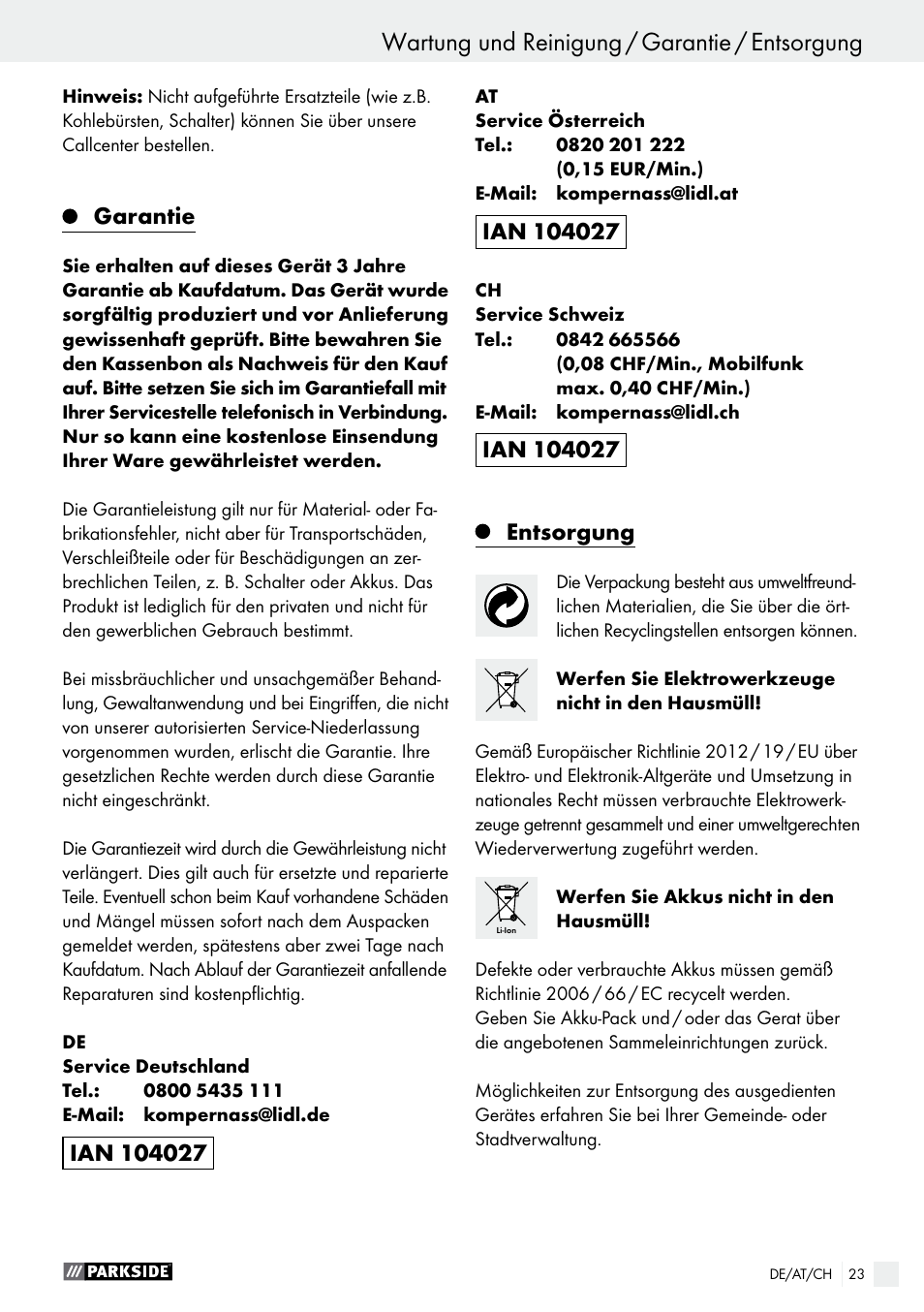 Garantie | Parkside PAMFW 10.8 A1 User Manual | Page 23 / 34