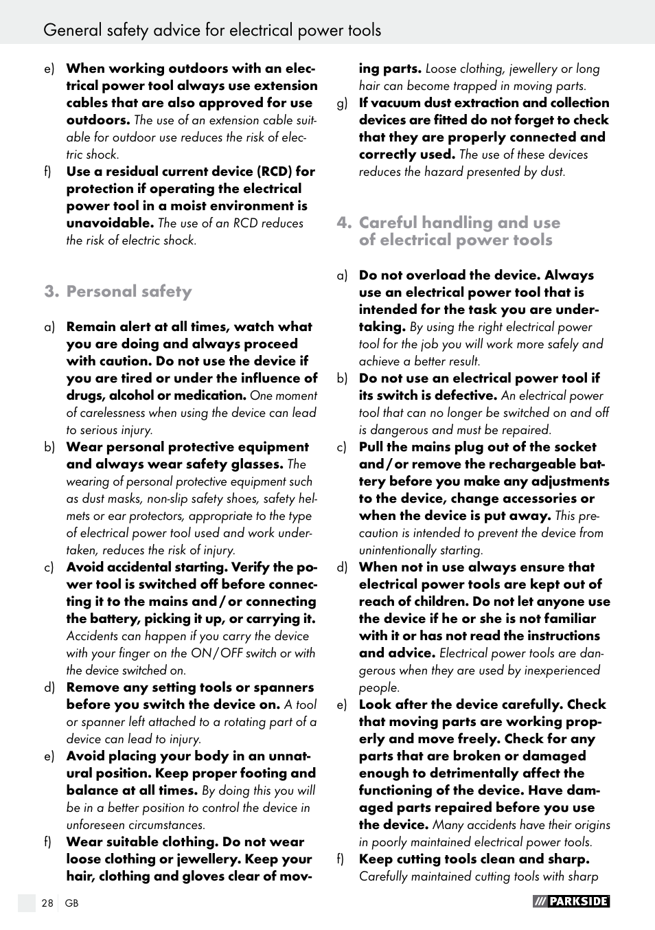 General safety advice for electrical power tools, Personal safety, Careful handling and use of electrical power tools | Parkside PAMFW 10.8 A1 User Manual | Page 28 / 34