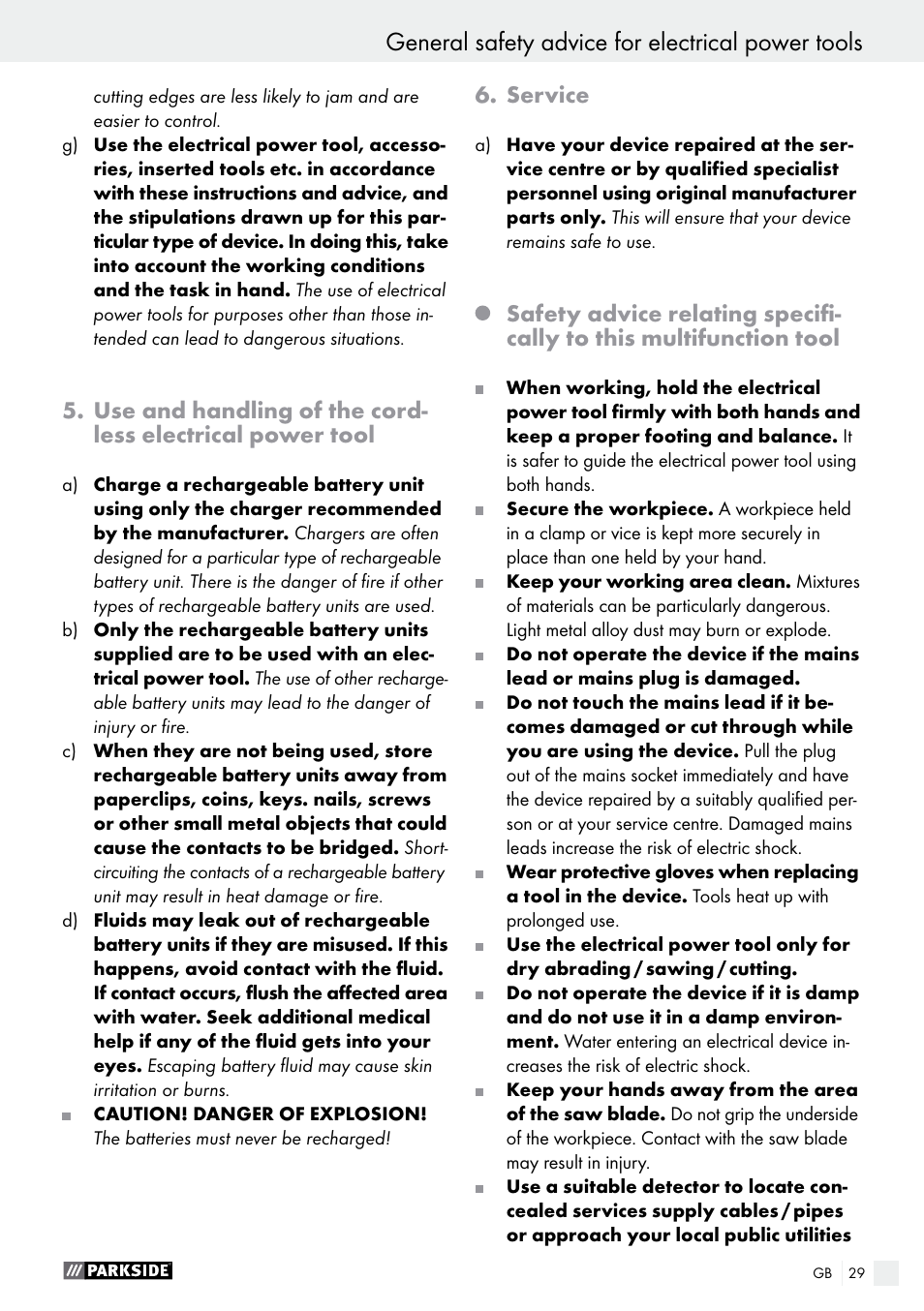General safety advice for electrical power tools, Service | Parkside PAMFW 10.8 A1 User Manual | Page 29 / 34