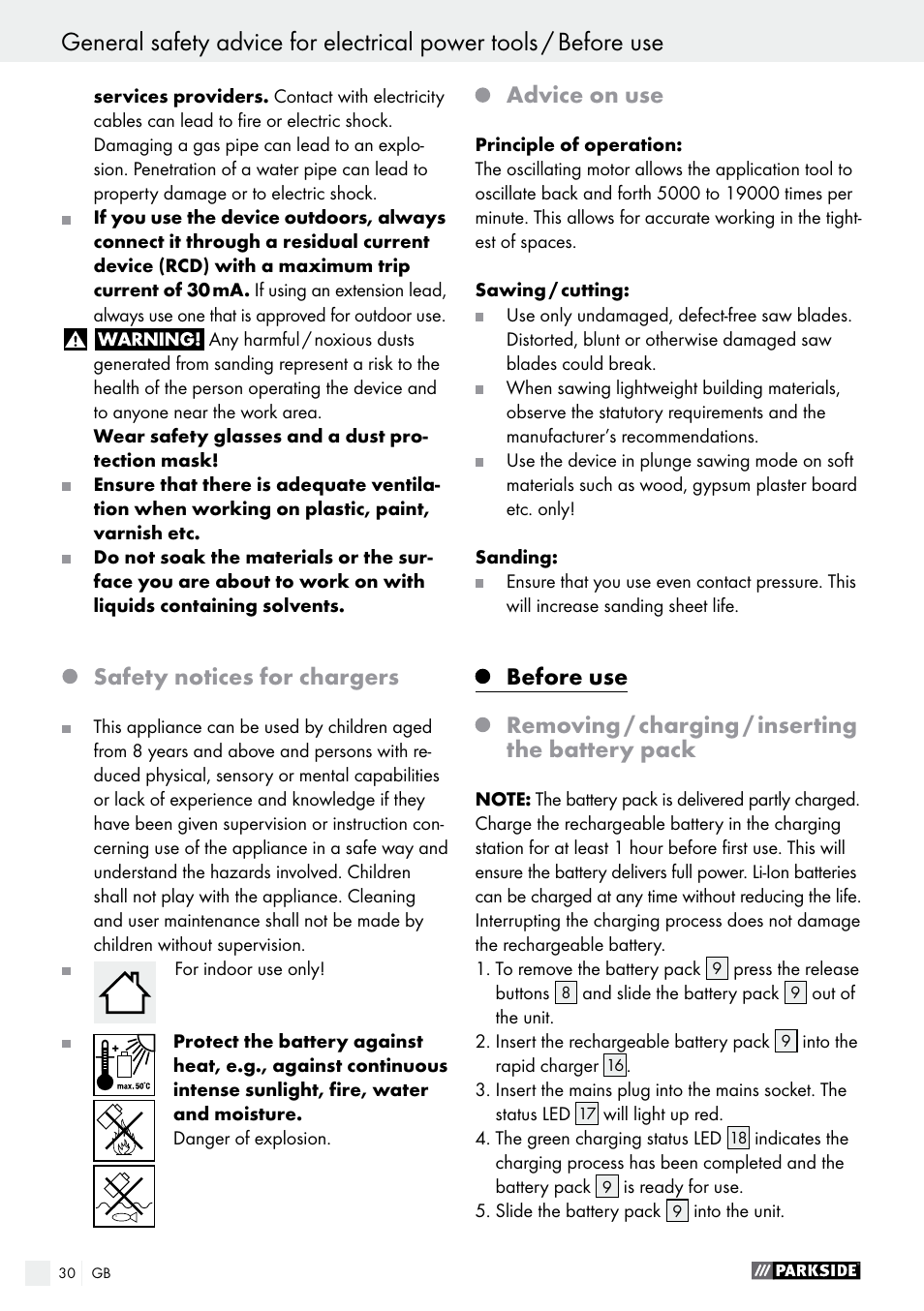 Safety notices for chargers, Advice on use | Parkside PAMFW 10.8 A1 User Manual | Page 30 / 34
