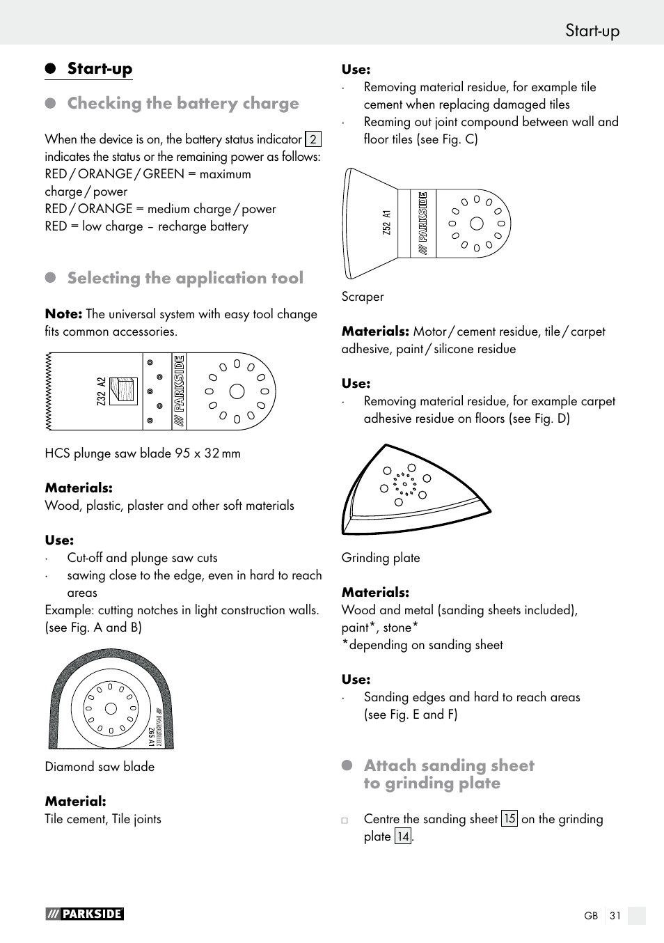Start-up checking the battery charge, Selecting the application tool, Attach sanding sheet to grinding plate | Parkside PAMFW 10.8 A1 User Manual | Page 31 / 34