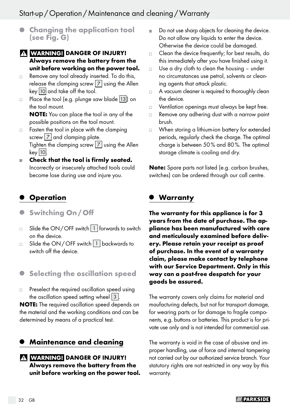 Changing the application tool (see fig. g), Operation, Switching on / off | Selecting the oscillation speed, Maintenance and cleaning, Warranty | Parkside PAMFW 10.8 A1 User Manual | Page 32 / 34