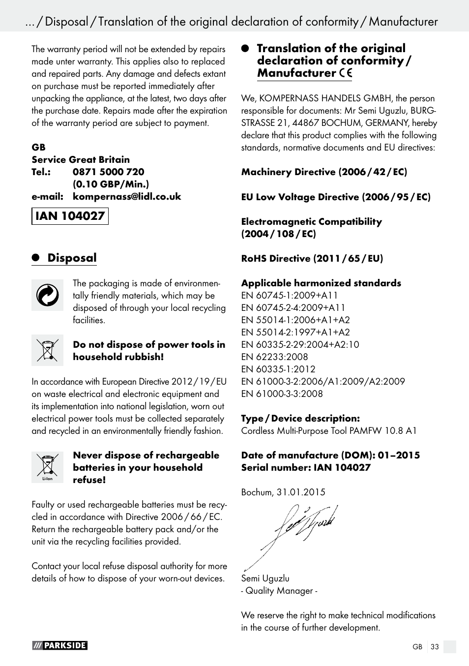 Parkside PAMFW 10.8 A1 User Manual | Page 33 / 34
