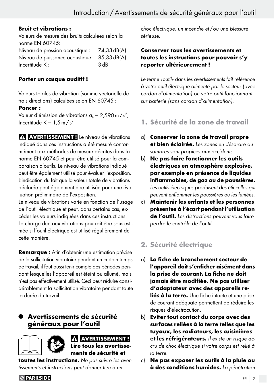 Avertissements de sécurité généraux pour l’outil, Sécurité de la zone de travail, Sécurité électrique | Parkside PAMFW 10.8 A1 User Manual | Page 7 / 34