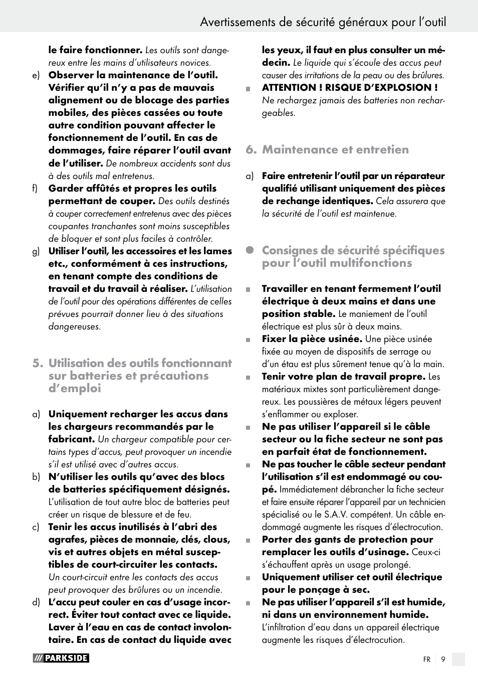 Avertissements de sécurité généraux pour l’outil, Maintenance et entretien | Parkside PAMFW 10.8 A1 User Manual | Page 9 / 34