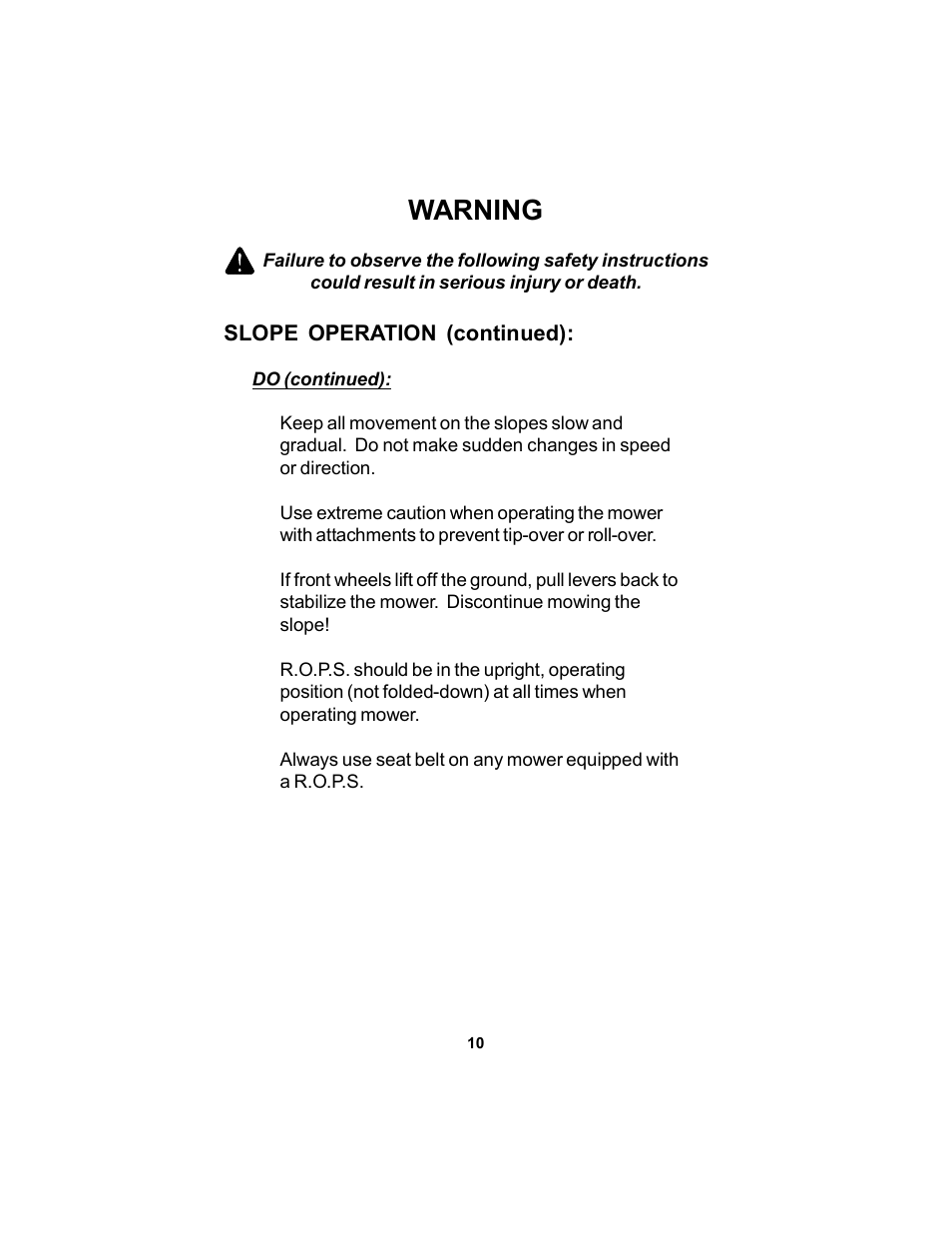 Warning | Dixon 12881-106 User Manual | Page 10 / 56