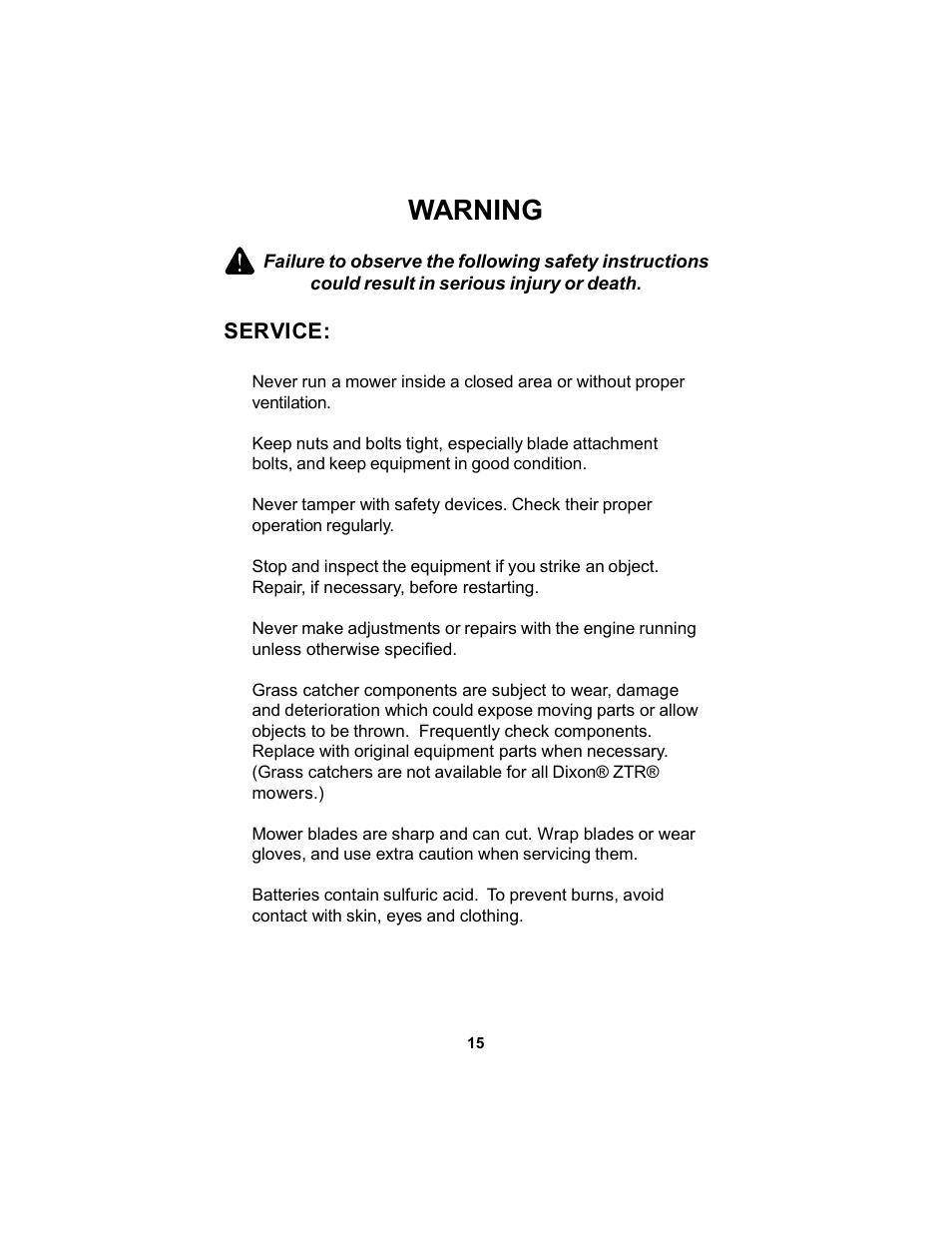 Warning | Dixon 12881-106 User Manual | Page 15 / 56