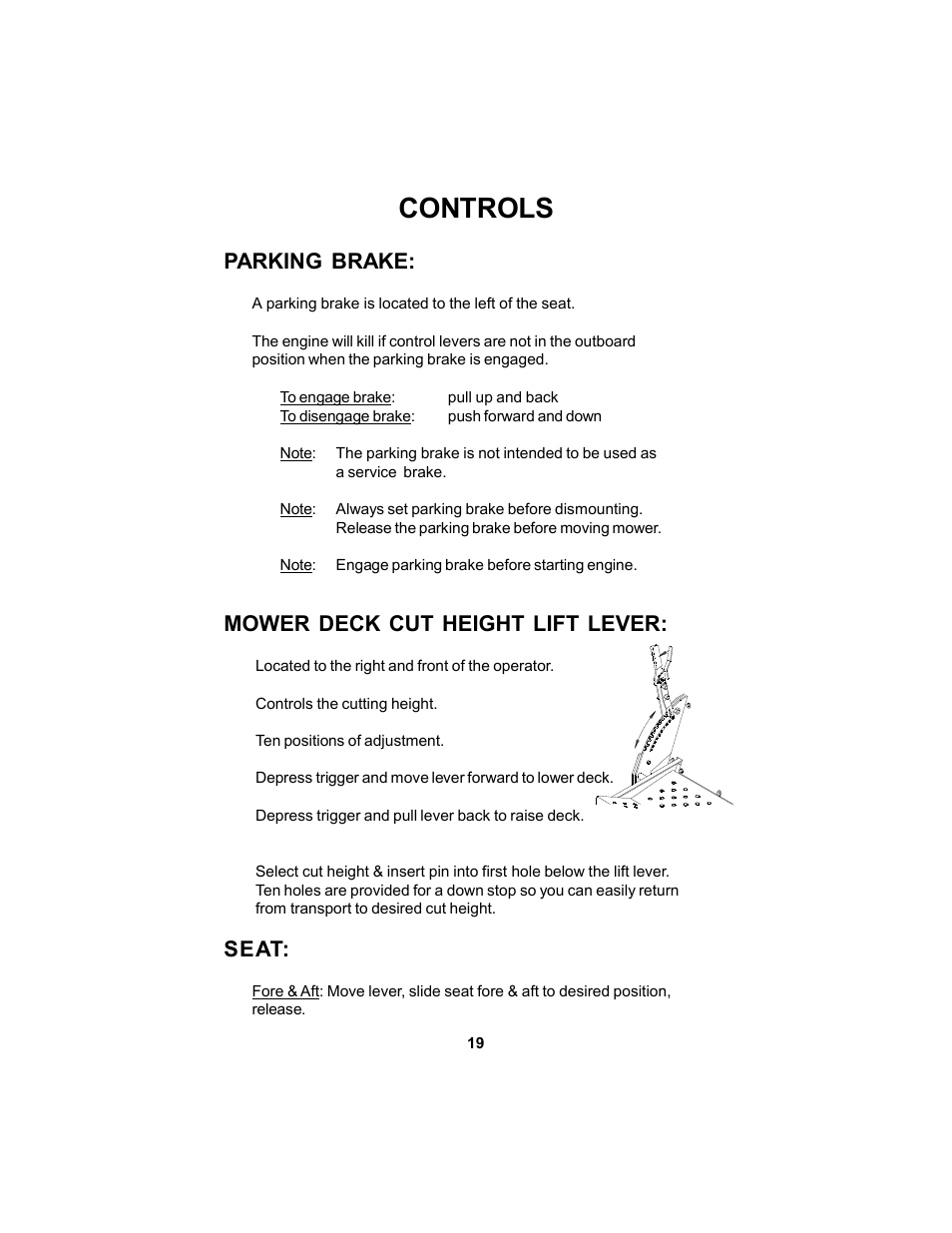 Controls, Parking brake, Mower deck cut height lift lever | Seat | Dixon 12881-106 User Manual | Page 19 / 56