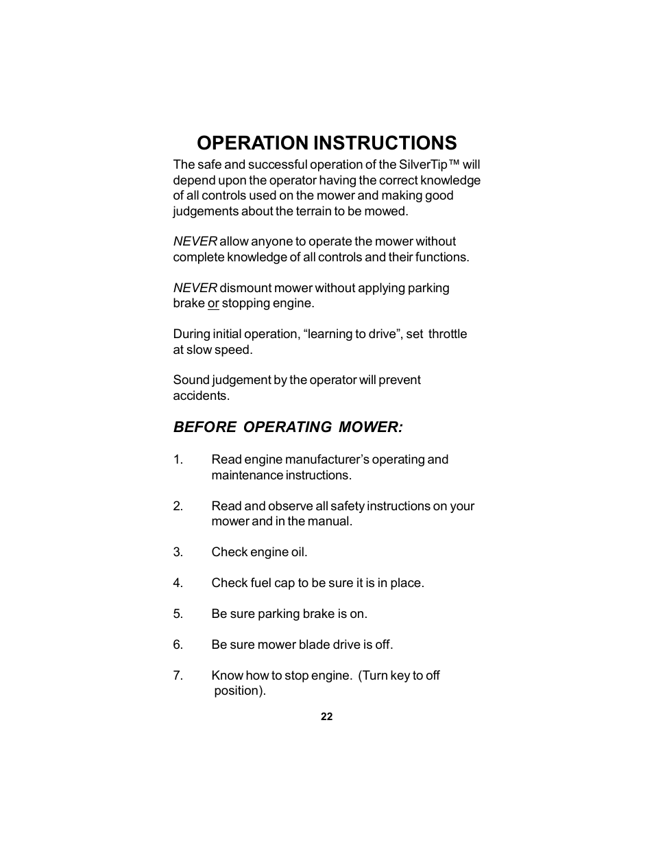 Operation instructions | Dixon 12881-106 User Manual | Page 22 / 56