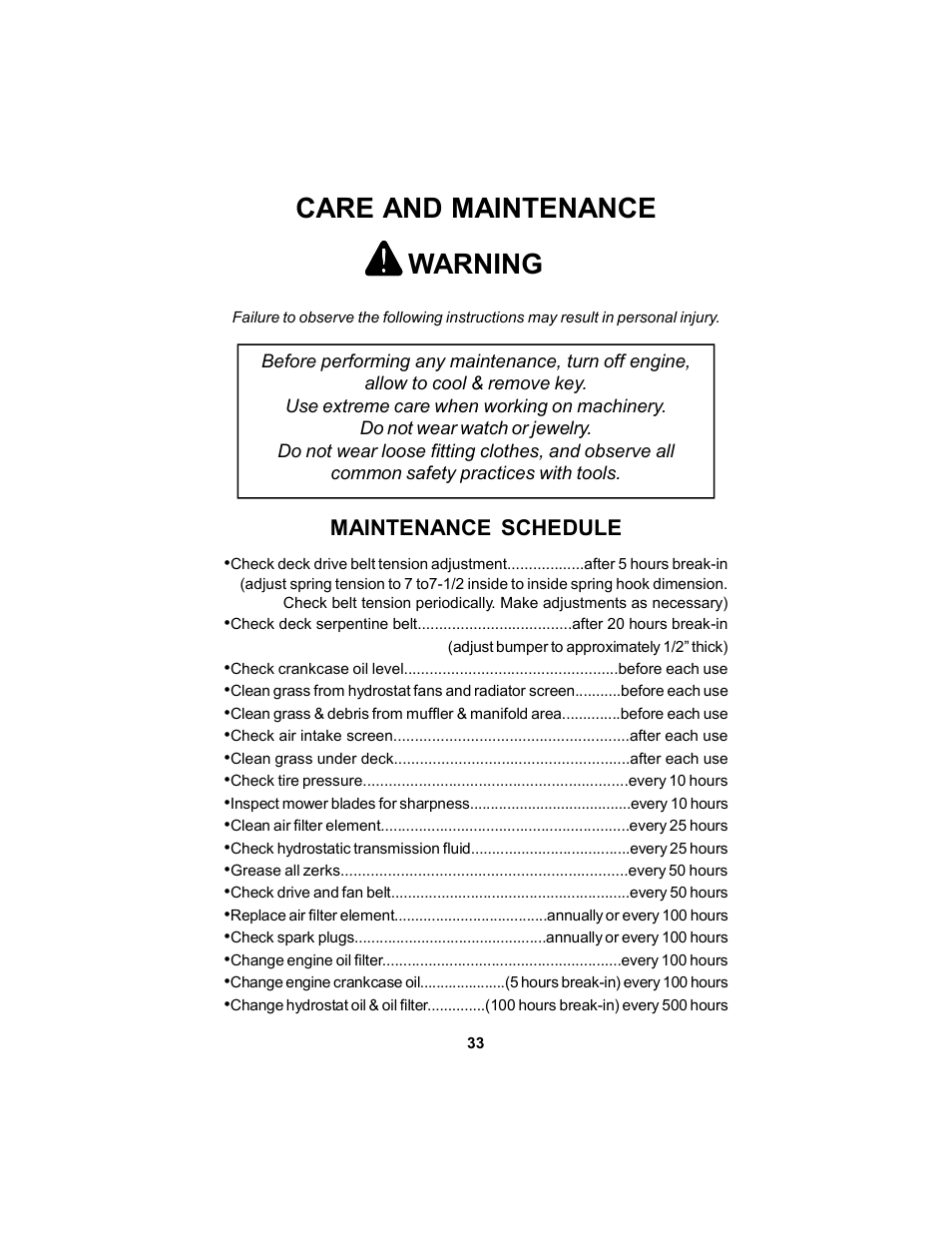 Care and maintenance, Warning, Maintenance schedule | Dixon 12881-106 User Manual | Page 33 / 56