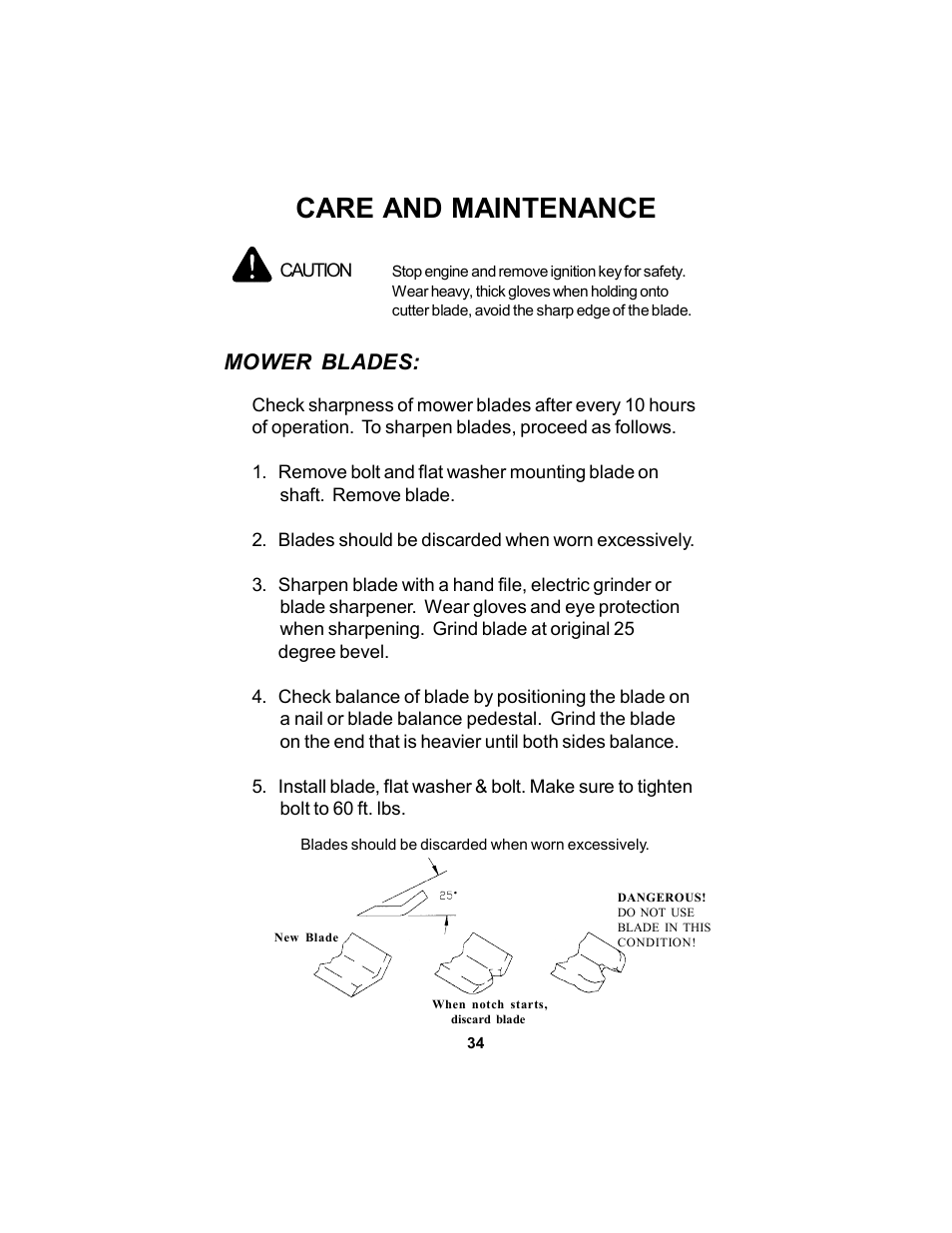 Care and maintenance, Mower blades | Dixon 12881-106 User Manual | Page 34 / 56