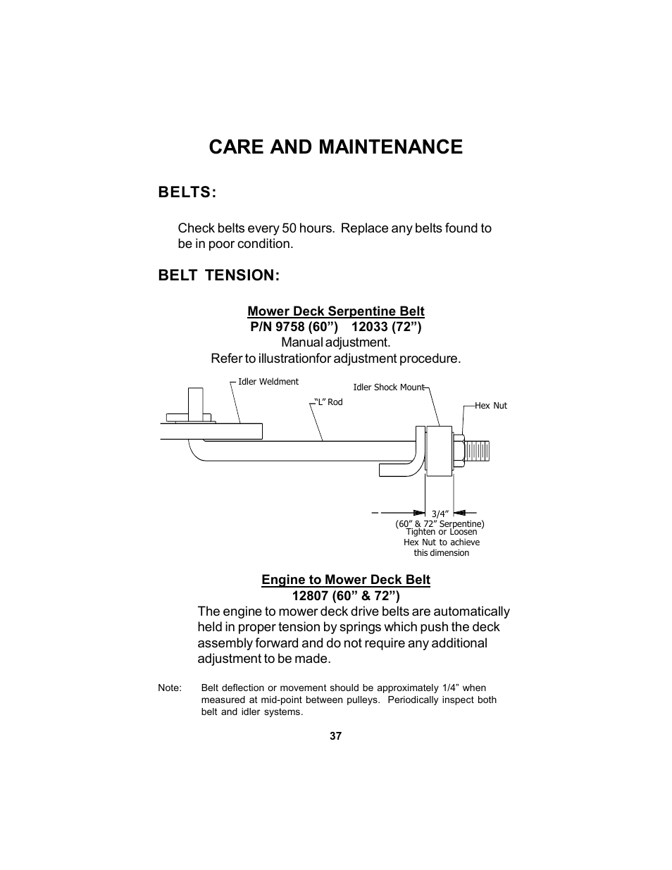 Care and maintenance, Belts, Belt tension | Dixon 12881-106 User Manual | Page 37 / 56