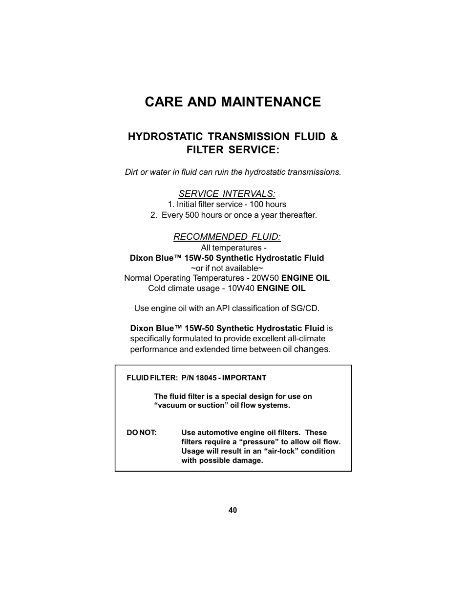 Care and maintenance | Dixon 12881-106 User Manual | Page 40 / 56