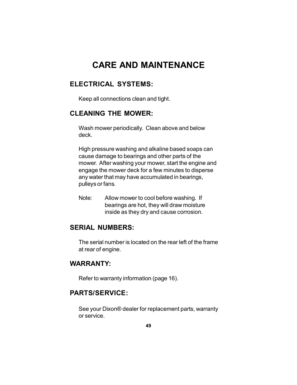 Care and maintenance | Dixon 12881-106 User Manual | Page 49 / 56