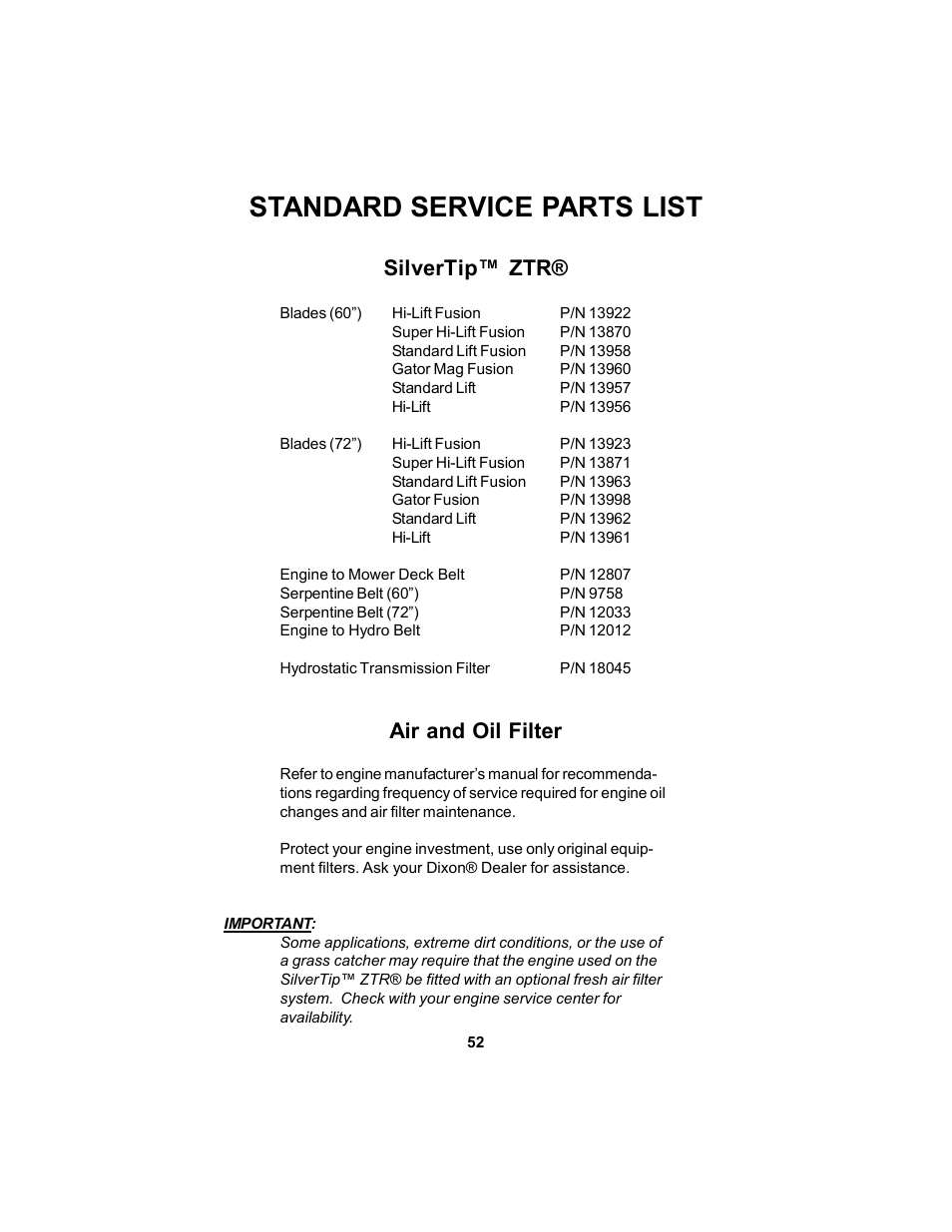 Standard service parts list, Silvertip™ ztr, Air and oil filter | Dixon 12881-106 User Manual | Page 52 / 56