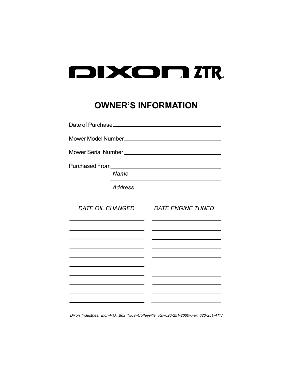 Owner’s information | Dixon 12881-106 User Manual | Page 55 / 56