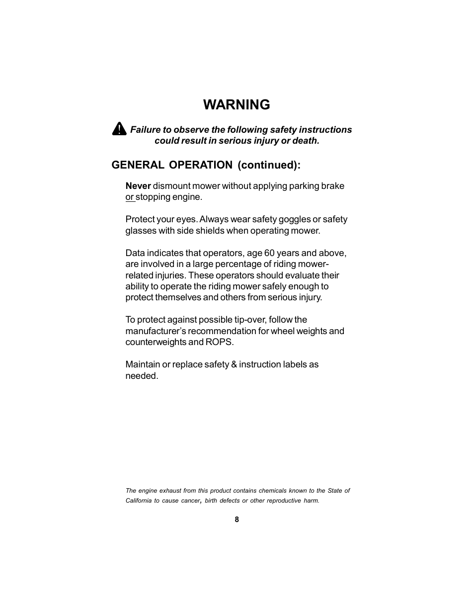 Warning | Dixon 12881-106 User Manual | Page 8 / 56