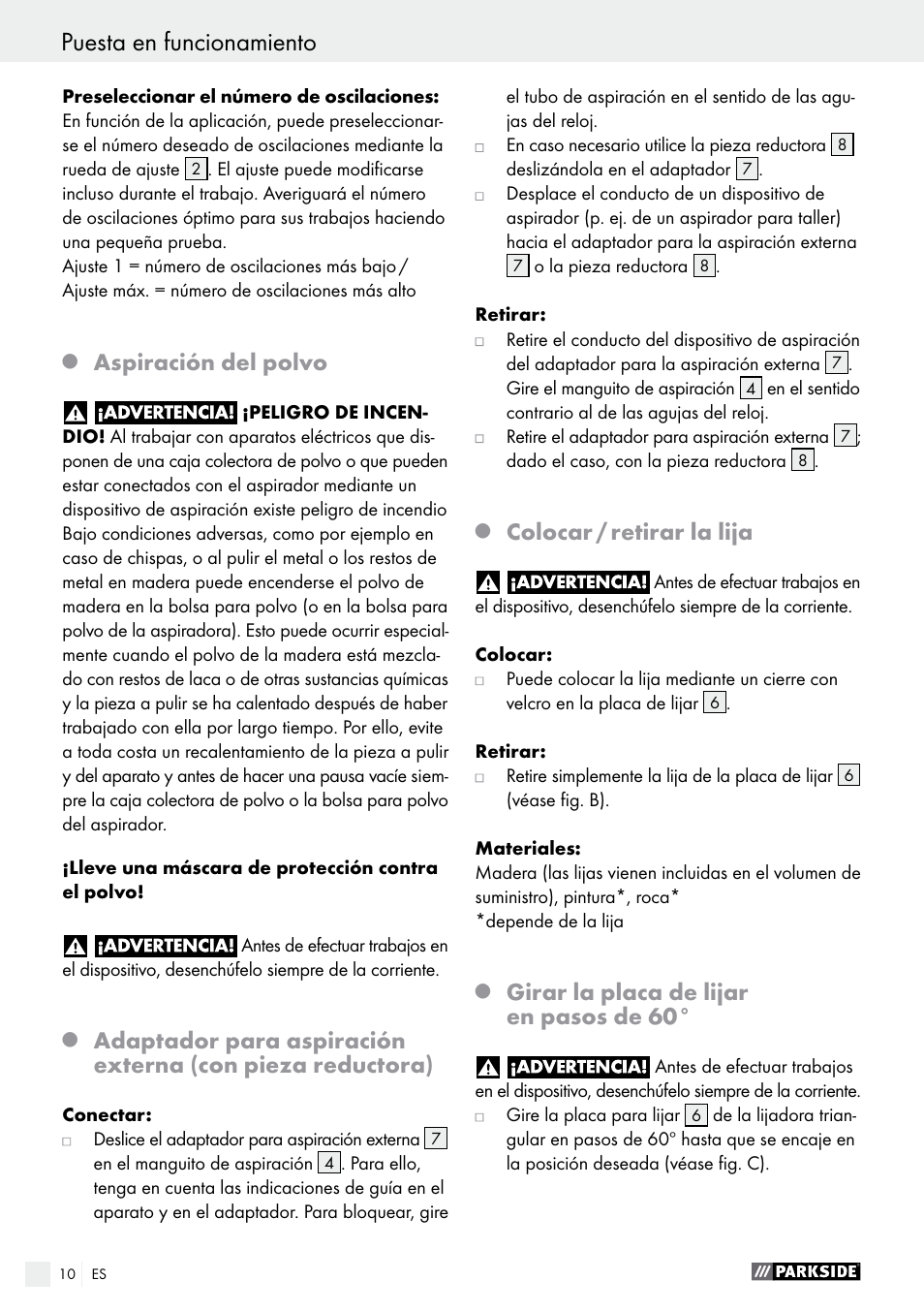 Aspiración del polvo, Colocar / retirar la lija, Girar la placa de lijar en pasos de 60 | Parkside PDS 290 A1 User Manual | Page 10 / 47