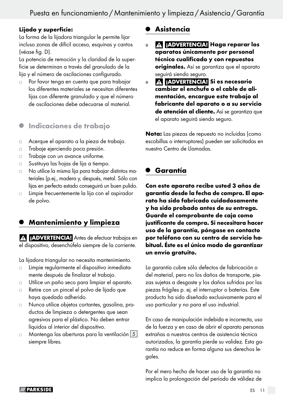 Puesta en funcionamiento, Indicaciones de trabajo, Mantenimiento y limpieza | Asistencia, Garantía | Parkside PDS 290 A1 User Manual | Page 11 / 47