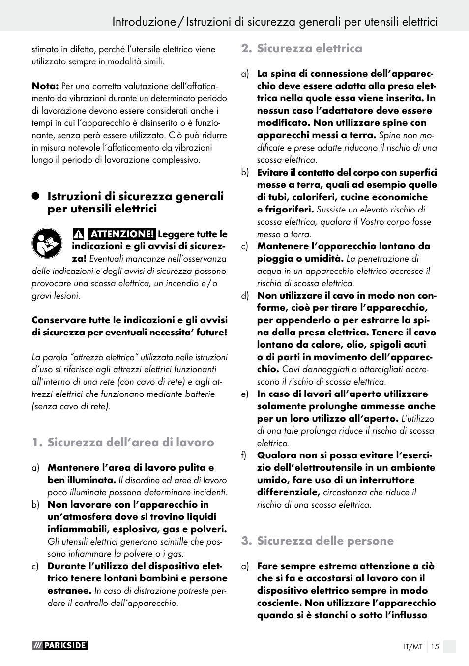 Sicurezza dell’area di lavoro, Sicurezza elettrica, Sicurezza delle persone | Parkside PDS 290 A1 User Manual | Page 15 / 47