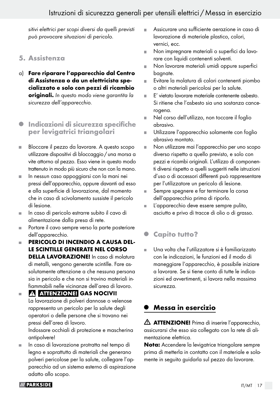 Assistenza, Capito tutto, Messa in esercizio | Parkside PDS 290 A1 User Manual | Page 17 / 47