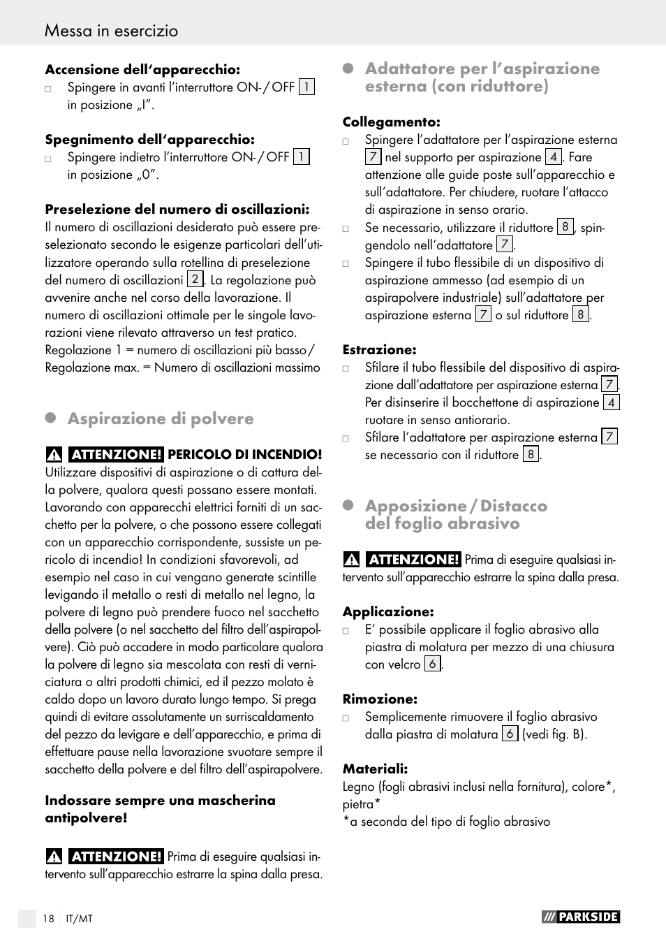 Aspirazione di polvere, Apposizione / distacco del foglio abrasivo | Parkside PDS 290 A1 User Manual | Page 18 / 47