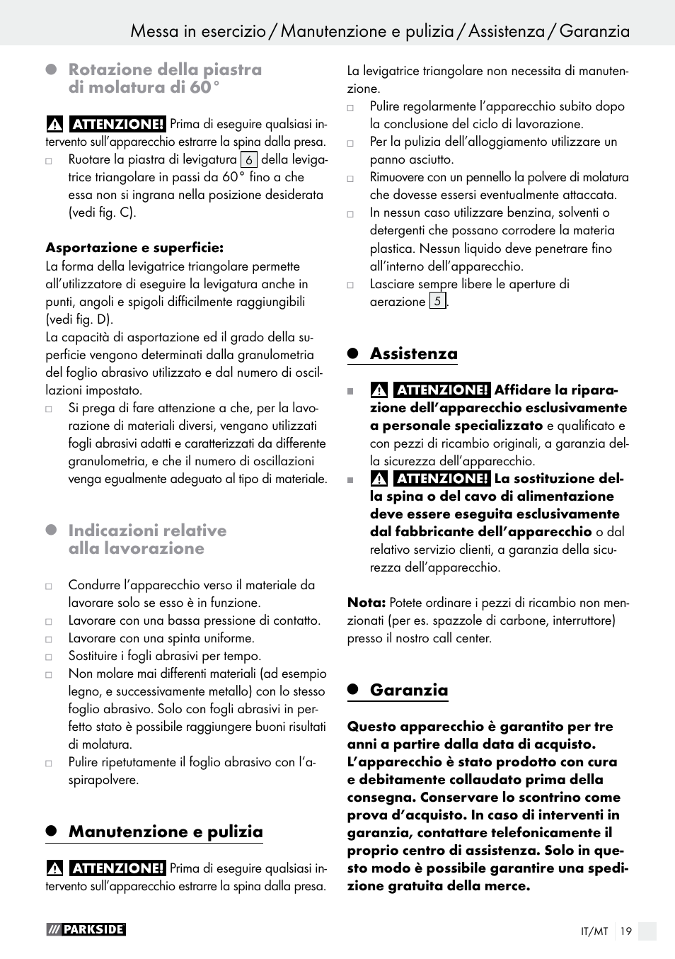 Rotazione della piastra di molatura di 60, Indicazioni relative alla lavorazione, Manutenzione e pulizia | Assistenza, Garanzia | Parkside PDS 290 A1 User Manual | Page 19 / 47