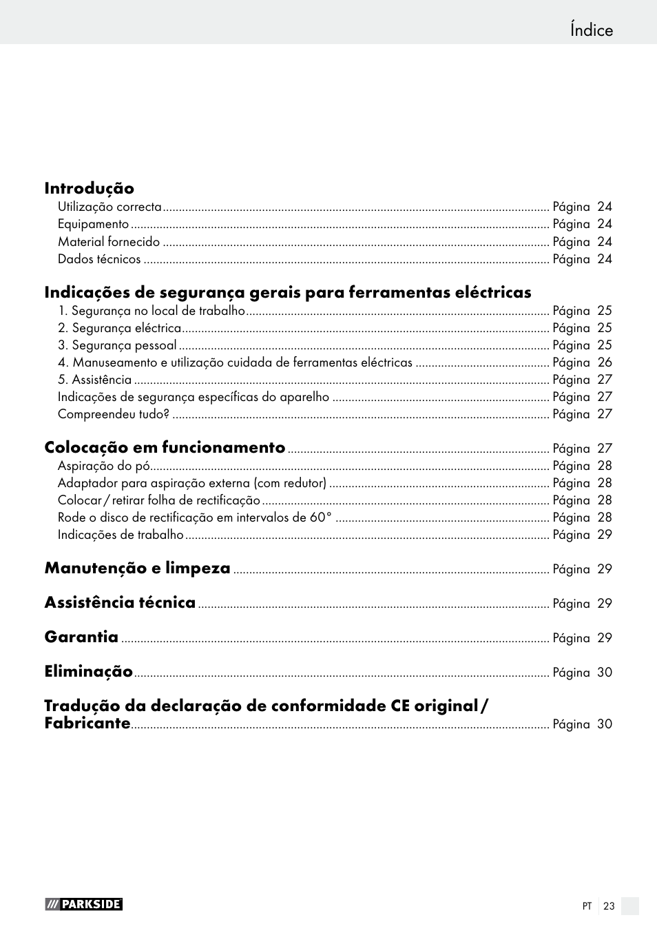 Índice | Parkside PDS 290 A1 User Manual | Page 23 / 47