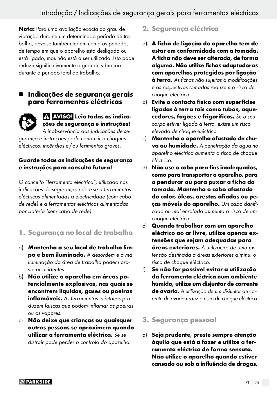 Segurança no local de trabalho, Segurança eléctrica, Segurança pessoal | Parkside PDS 290 A1 User Manual | Page 25 / 47