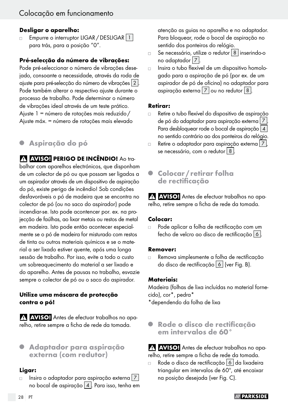 Aspiração do pó, Adaptador para aspiração externa (com redutor), Colocar / retirar folha de rectificação | Rode o disco de rectificação em intervalos de 60 | Parkside PDS 290 A1 User Manual | Page 28 / 47