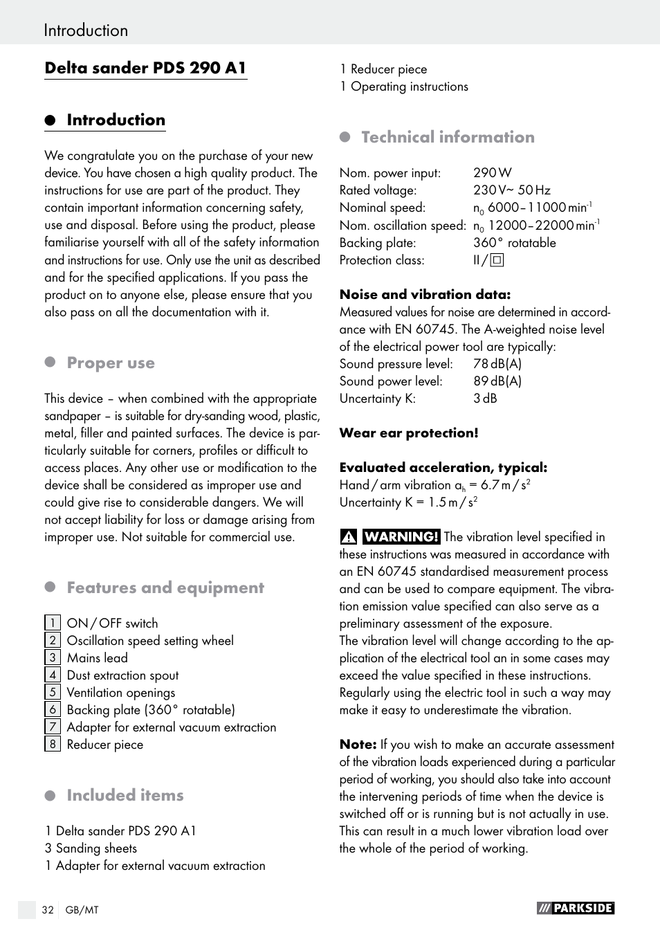 Introduction general power tool safety warnings, Delta sander pds 290 a1, Introduction | Proper use, Features and equipment, Included items, Technical information | Parkside PDS 290 A1 User Manual | Page 32 / 47