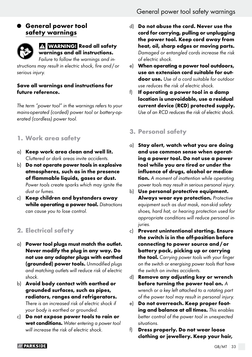 Introduction, General power tool safety warnings, Work area safety | Electrical safety, Personal safety | Parkside PDS 290 A1 User Manual | Page 33 / 47