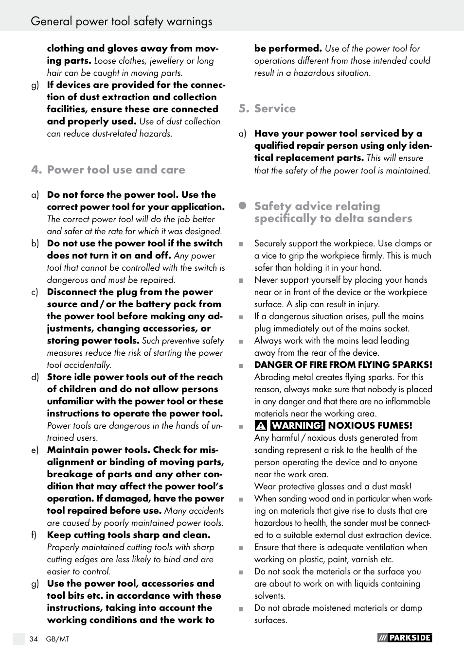 Power tool use and care, Service | Parkside PDS 290 A1 User Manual | Page 34 / 47