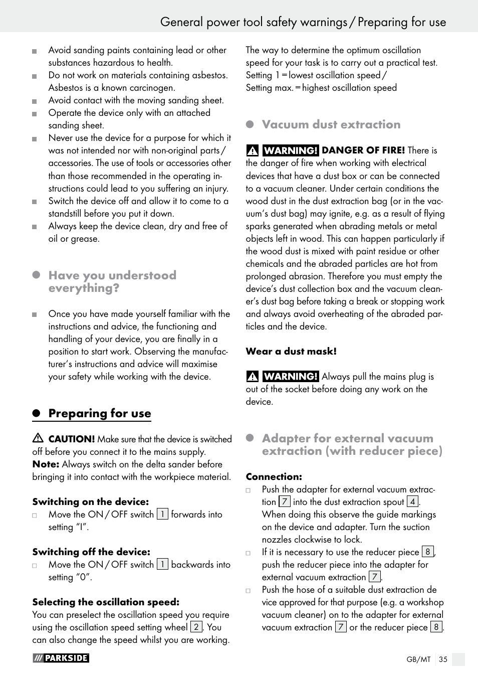 Have you understood everything, Preparing for use, Vacuum dust extraction | Parkside PDS 290 A1 User Manual | Page 35 / 47