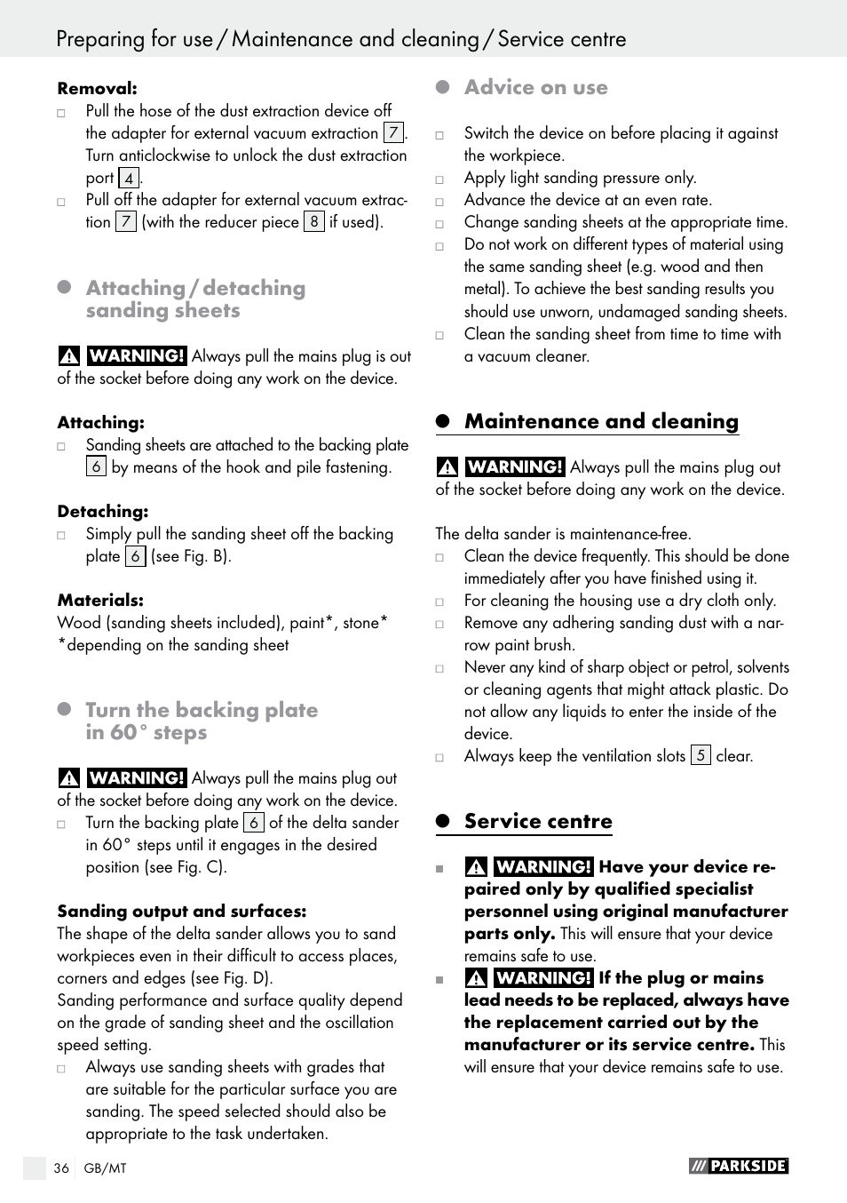 Attaching / detaching sanding sheets, Turn the backing plate in 60° steps, Advice on use | Maintenance and cleaning, Service centre | Parkside PDS 290 A1 User Manual | Page 36 / 47