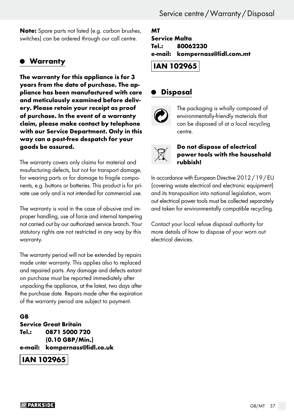 Warranty, Disposal | Parkside PDS 290 A1 User Manual | Page 37 / 47