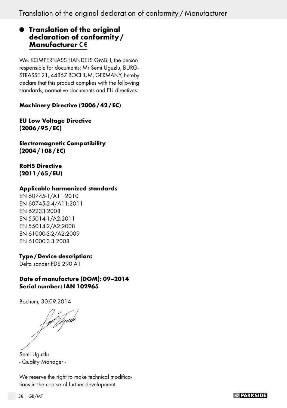 Parkside PDS 290 A1 User Manual | Page 38 / 47