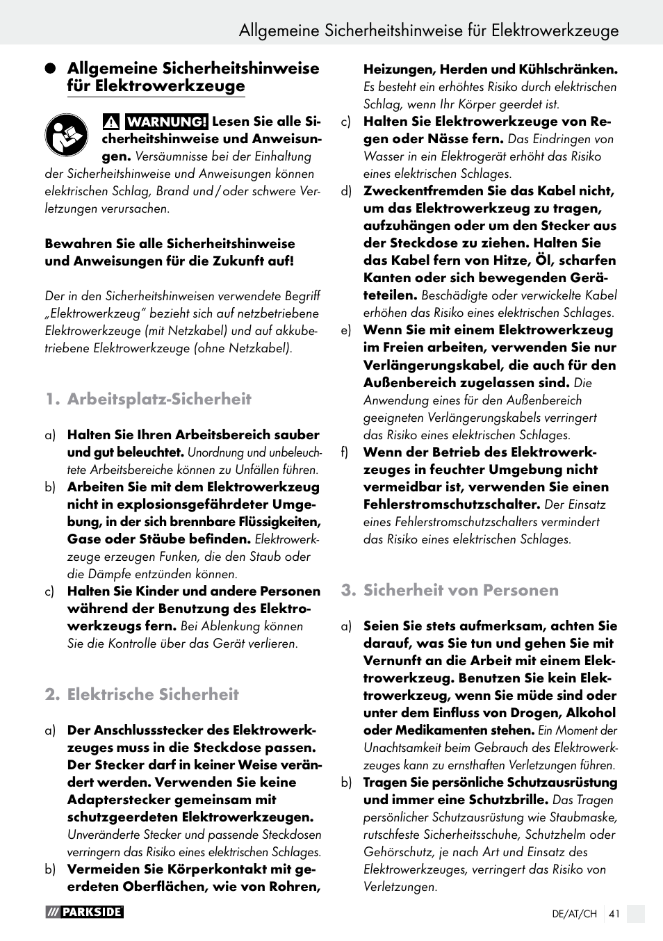 Arbeitsplatz-sicherheit, Elektrische sicherheit, Sicherheit von personen | Parkside PDS 290 A1 User Manual | Page 41 / 47