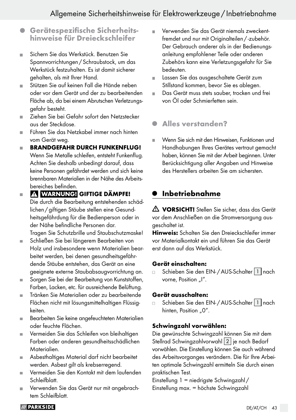 Alles verstanden, Inbetriebnahme | Parkside PDS 290 A1 User Manual | Page 43 / 47