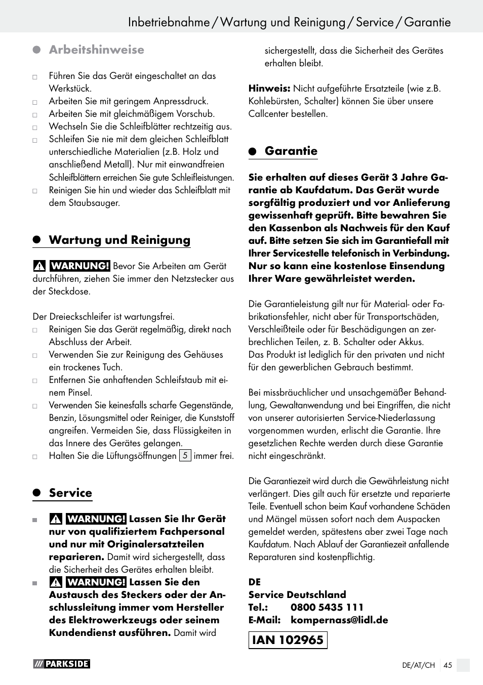 Arbeitshinweise, Wartung und reinigung, Service | Garantie | Parkside PDS 290 A1 User Manual | Page 45 / 47
