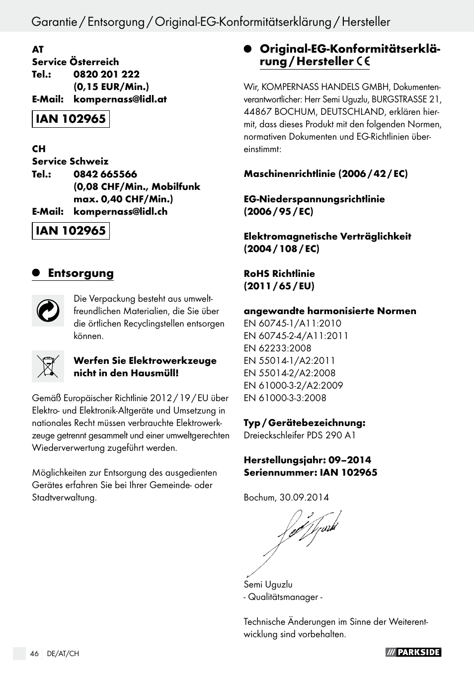 Parkside PDS 290 A1 User Manual | Page 46 / 47