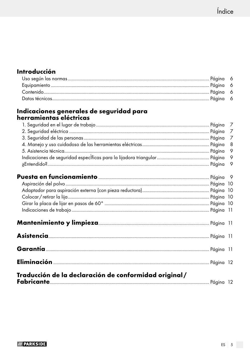 Índice | Parkside PDS 290 A1 User Manual | Page 5 / 47